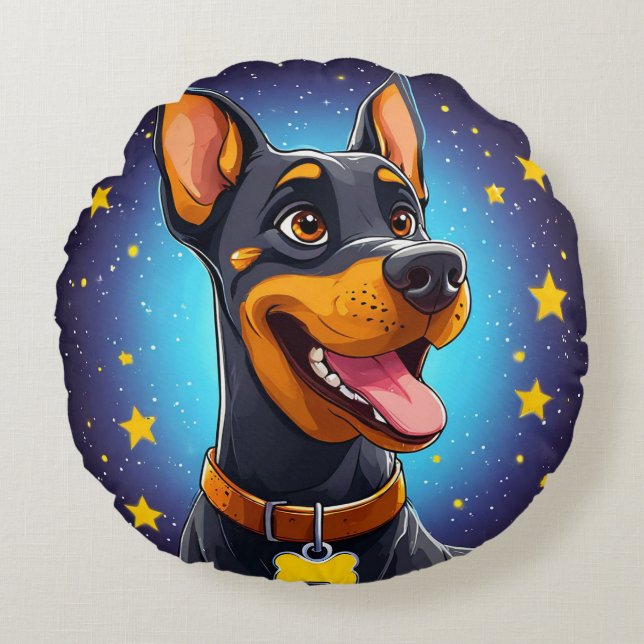 Cojín Redondo Ilustración alegre de Doberman (Anverso)