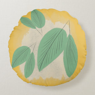 Cojín Redondo Ilustración Amarilla de Hojas Verdes Abstractas
