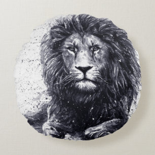 Cojín Redondo Ilustracion blanco y negro de león.