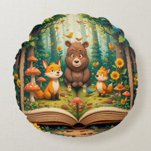 Cojín Redondo Ilustración Colorida de Cuento de Animales del Bos