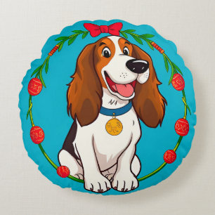 Cojín Redondo Ilustración Colorida de Perro Feliz Sentado