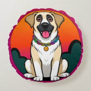 Cojín Redondo Ilustración Colorida de un Perro Sonriente