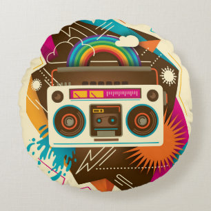 Cojín Redondo Ilustracion colorido de radio vintage abstracto