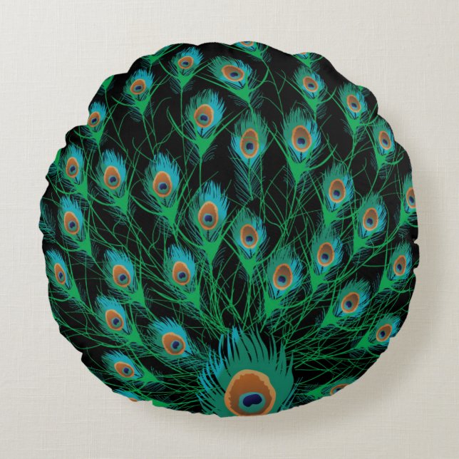Cojín Redondo Ilustracion con las plumas del pavo real en negro (Anverso)
