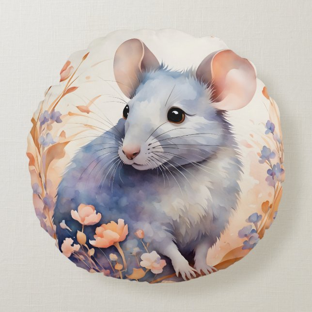 Cojín Redondo Ilustracion de acuarela del ratón (Anverso)