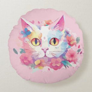 Cojín Redondo Ilustración de Acuarelas de Gato Adorable