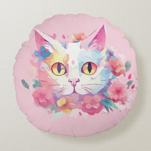 Cojín Redondo Ilustración de Acuarelas de Gato Adorable (Anverso)