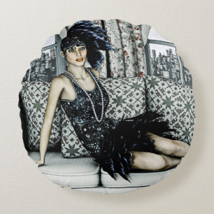 Cojín Redondo Ilustración de Arte de Moda Flapper de los Rugient