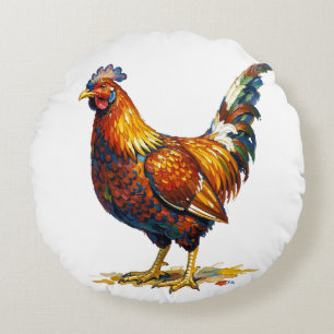 Cojín Redondo Ilustración de Arte de un Gallo Colorido y Vibrant