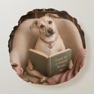 Cojín Redondo Ilustración de biblioteca en acuarela de perro ley