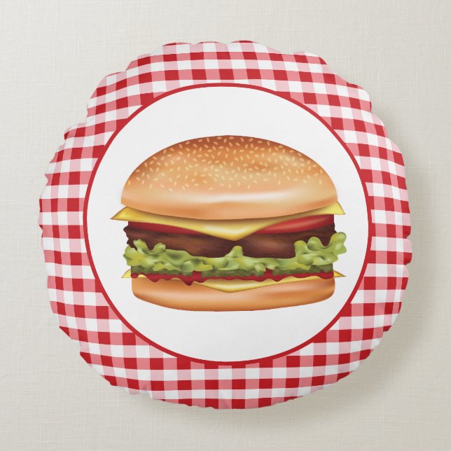 Cojín Redondo Ilustración de comida rápida de hamburguesa sobre  (Anverso)