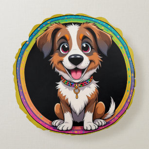Cojín Redondo Ilustración de dibujos animados coloridos de perro