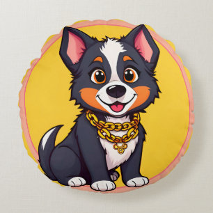 Cojín Redondo Ilustración de dibujos animados de perro feliz
