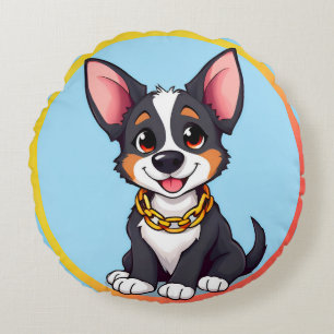 Cojín Redondo Ilustración de dibujos animados de perro feliz