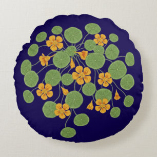 Cojín Redondo Ilustración de Flor de Nasturcia Vintage Naturalez