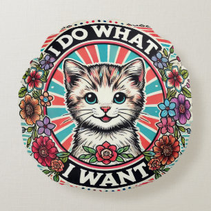 Cojín Redondo Ilustración de gato con flores y eslogan positivo