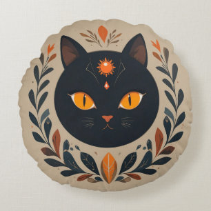Cojín Redondo Ilustración de gato negro con ojos vibrantes