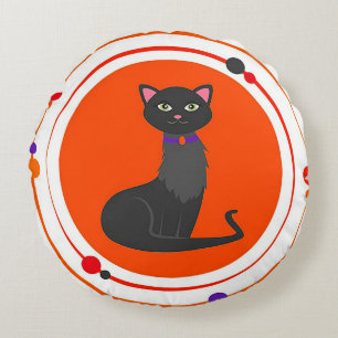 Cojín Redondo Ilustración de gato negro lindo con colores vibran