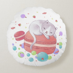 Cojín Redondo Ilustracion de gatos y dulces