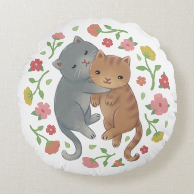 Cojín Redondo Ilustracion de gatos y flores de primavera (Anverso)