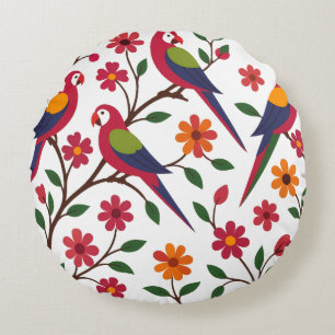 Cojín Redondo Ilustración de jardín de loros tropicales
