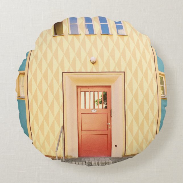Cojín Redondo Ilustracion de la casa amarilla (Anverso)