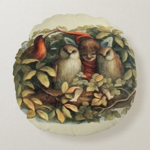 Cojín Redondo Ilustración de la naturaleza de hadas y búhos