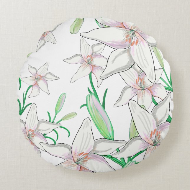 Cojín Redondo Ilustración de Lirio Blanco   (Anverso)