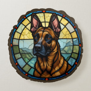 Cojín Redondo Ilustración de Malinois Belga al Estilo de Vidrio 