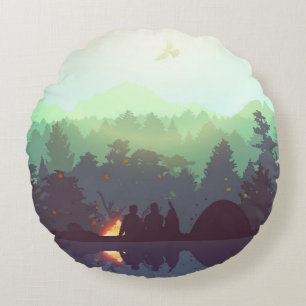 Cojín Redondo Ilustracion de montaña Camping Adventure Forest
