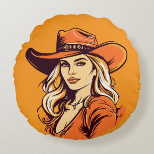 Cojín Redondo Ilustración de mujer con sombrero de vaquera