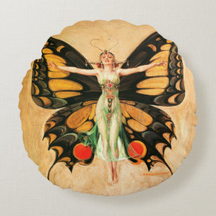 Cojín Redondo Ilustración de Mujer Volando Mariposa Flapper