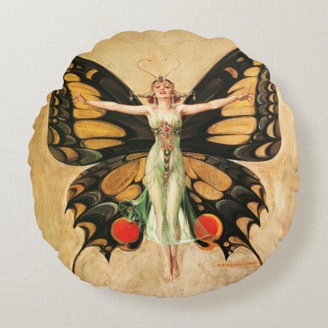 Cojín Redondo Ilustración de Mujer Volando Mariposa Flapper (Anverso)
