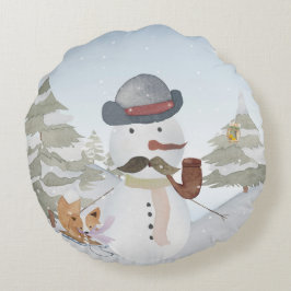 Cojín Redondo Ilustracion de nieve animal de invierno Snowman