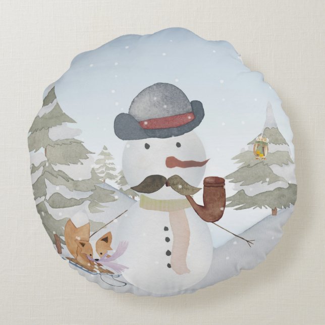 Cojín Redondo Ilustracion de nieve animal de invierno Snowman (Reverso)