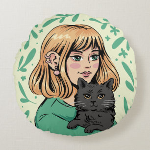 Cojín Redondo Ilustración de niña con gato negro