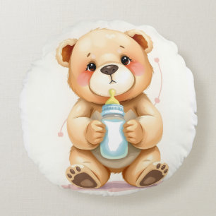 Cojín Redondo Ilustración de osito de peluche bebé en acuarela a