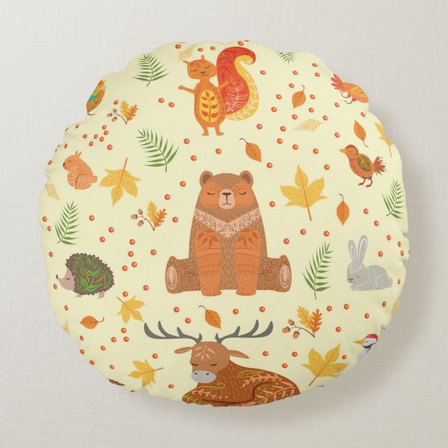Cojín Redondo Ilustracion de patrones ornamentales de animales f (Anverso)