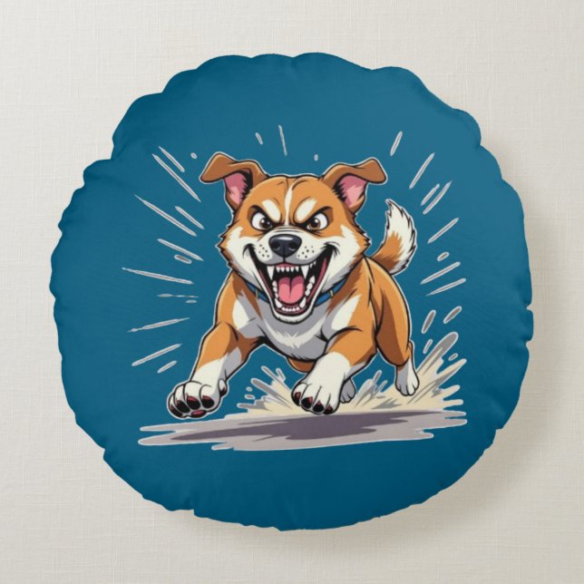 Cojín Redondo Ilustración de Perro Corriendo Feroz – Poder y Mov (Anverso)