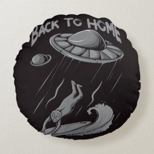 Cojín Redondo ilustración de surfista ovni alienígena con regres