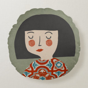 Cojín Redondo ilustracion del chica de flores