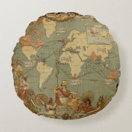 Cojín Redondo Ilustración del Mapa Mundial Antiguo de 1886