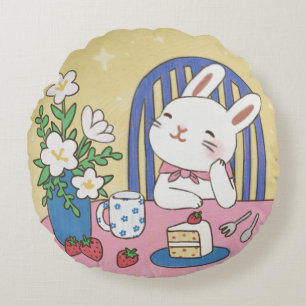 Cojín Redondo Ilustración del té de Bunny
