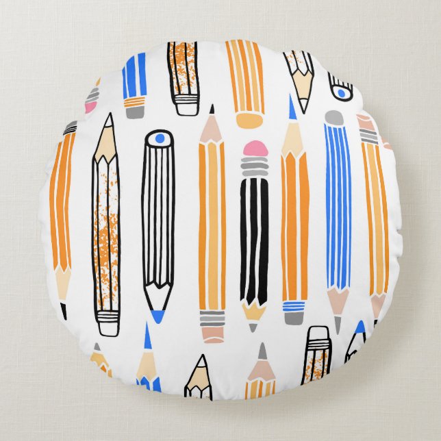 Cojín Redondo Ilustracion dibujado a mano de lápiz de escuela (Anverso)