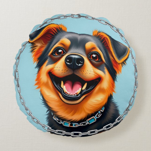 Cojín Redondo Ilustracion digital colorido de perro feliz (Anverso)