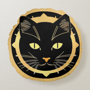 Cojín Redondo Ilustración Estilizada de Gato Negro
