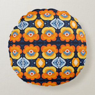 Cojín Redondo Ilustración floral retro en naranja y azul