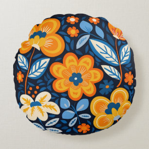 Cojín Redondo Ilustración floral retro en negrita en naranja y a