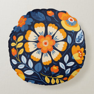 Cojín Redondo Ilustración floral retro negrita en naranja y azul