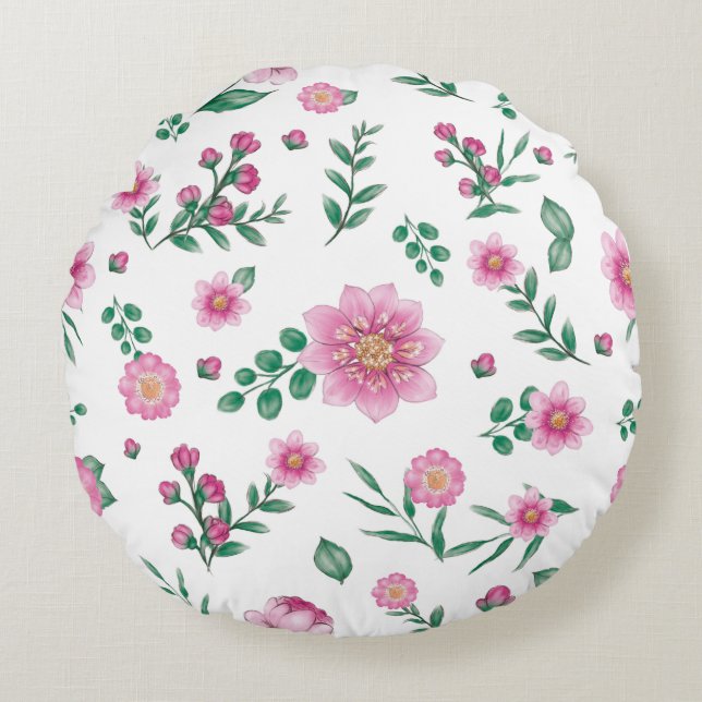 Cojín Redondo Ilustracion floral rosado de bonito Shabby Chic (Anverso)